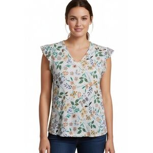 Loft Outlet V-neck Flutter Sleeve Tee White Floral Size XL